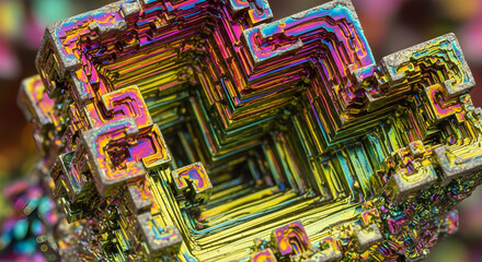 Fototapeta premium Vibrant Iridescent Bismuth Crystal Macro Abstract Geometric Structure and Metallic Colors
