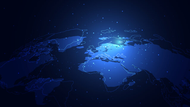Neon blue glowing world map with connecting lines and digital network particles background