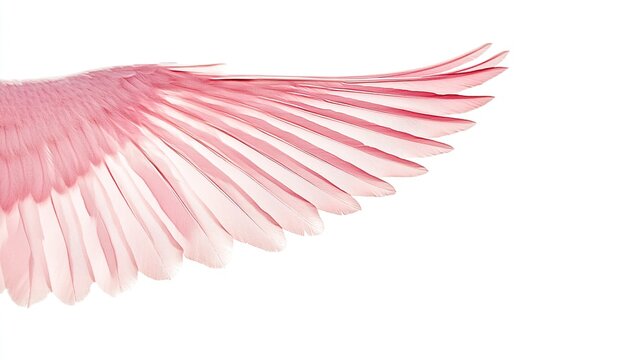A Soft Pink Bird Wing with Delicate Feathers Spreading Across White Background