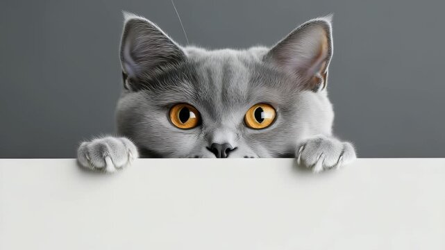 A charming grey cat with beautiful orange eyes peeks over a table, showcasing its playful naturean ideal companion for pet lovers and cat enthusiasts, captivating all who observe it