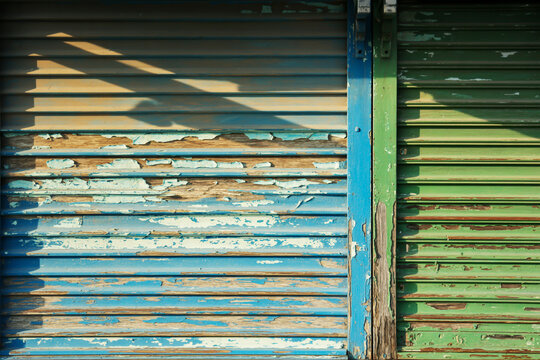 Close-up of weathered blue and green rolling shutters with peeling paint and shadows metal