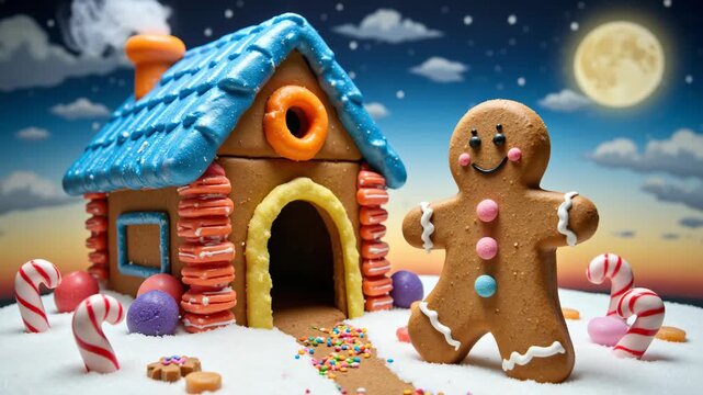 Cozy gingerbread house stands under moonlit sky. Gingerbread man smiles near colorful candies. Snowy ground holds scattered sweets and confetti. Night sky shows clouds and glowing moon