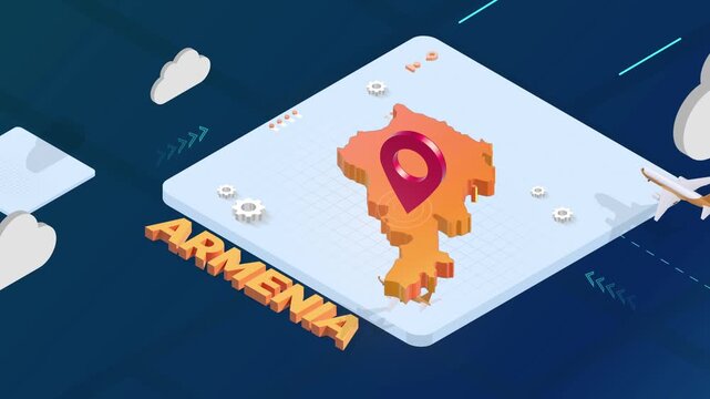 Isometric 3D Render of Armenia Map with Red Location Pin Pointer and Floating Airplanes