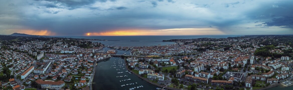 Panorama of Sunset over Saint-Jean-de-Luz from a drone, Nouvelle-Aquitaine, Pyrenees-Atlantiques, France