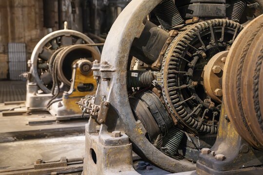 Old, rusted generator with exposed copper windings and stator coils in a disused industrial plant, F&aacute;brica Anglo del Uruguay, Fray Bentos, R&iacute;o Negro, Uruguay