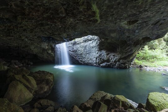 Natural Bridge Springbrook National Park Waterfall in the Basalt Cave, Queensland Gondwana Rainforest World Heritage Site, Australia