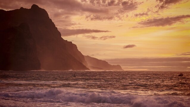 Dramatic silhouette of mountains during an intense sunset in shades of orange, Ponta do Sol, Santo Antao, Cabo Verde, Cape Verde, Cape Verde