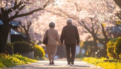 Obraz premium Japanese Elderly Couple Walking in Blooming Cherry Blossom Park