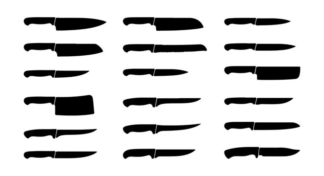 Kitchen Knife Silhouettes, Chef Knives Collection, Slicing Blades Set, Cooking Utensils Vector Icons