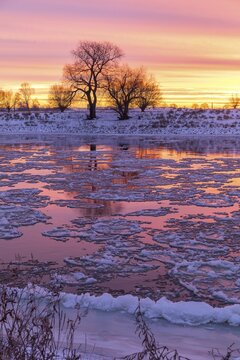 Cold winter morning on the Elbe with floating ice floes, snow and dawn at sunrise, K&ouml;tzschenbroda, Radebeul, Saxony, Germany