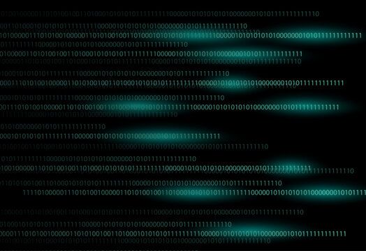 Abstract cybersecurity background with glowing binary code on dark teal digital data stream