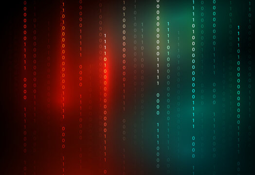 Binary code digital data stream with red and green cybersecurity concept background