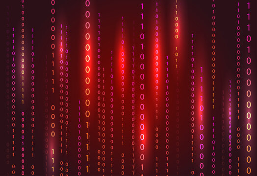 Abstract cybersecurity background with glowing binary digits and data streams in dark red