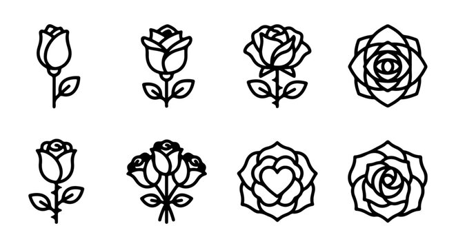 Minimalist Rose Icons, Simple Floral Vector Graphics, Elegant Botanical Line Art, Romantic Flower Symbols