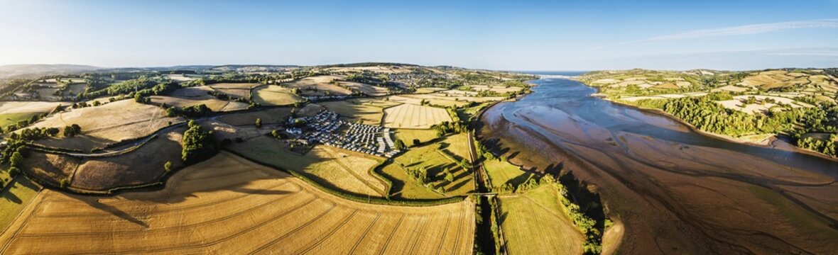 Panorama of Farms and Fields over River Teign and Teignmouth Road from drone, Newton Abbot, Devon, England, United Kingdom