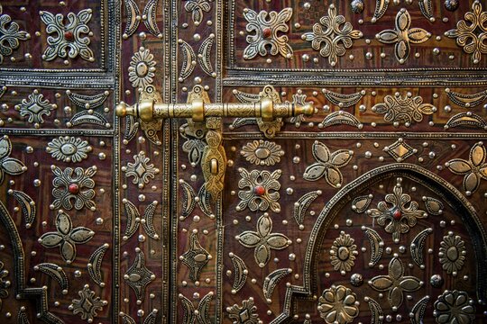 Artfully decorated door with silver and semiprecious stones, Ouarzazate, Dr&acirc;a-Tafilalet, Atlas Mountains, Morocco