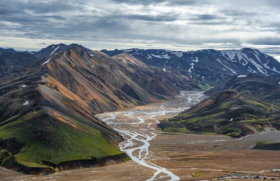 Landscape panorama, Dramatic volcanic landscape, Colourful erosion landscape with mountains, Lava field, Landmannalaugar, Fjallabak nature reserve, Su&eth;urland, Iceland