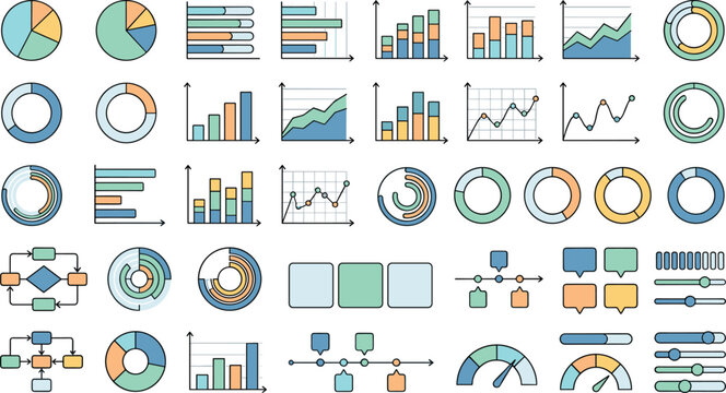 Business infographic vector element set containing color bar graphs pie charts line diagrams flowcharts timelines and dashboard icons isolated on white background