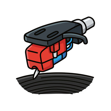 A cartoon illustration of a turntable needle playing a vinyl record