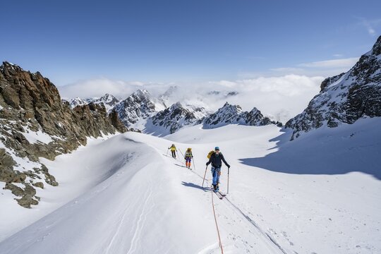 Ski tourer with rope, rope team on the Vadret da Porchabella glacier on the ascent to the summit of Piz Kesch, mountain landscape in winter, alpine tour, ski tour B&uuml;ndner Haute Route, Albula Alps, Rhaetian Alps, Grisons, Eastern Switzerland, Switzerland