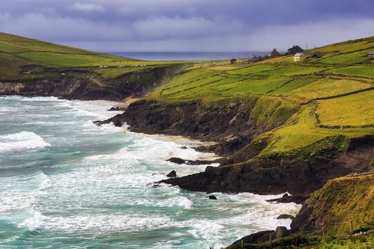 Coastline with cliffs, Slea Head viewpoint, dramatic light, Slea Head Drive, Dingle Peninsula, Kerry, Wild Atlantic Way, Atlantic Ocean, Ireland