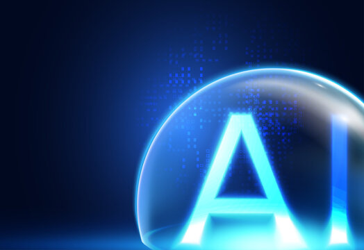 Glowing artificial intelligence letter inside digital sphere with binary code background