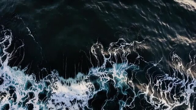 A serene of ocean waves gently crashing onto the shoreline, filled with white foam and ripples in deep blue-green water.