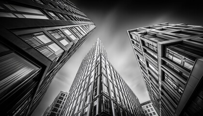 Fototapeta premium Dramatic Black and White Low Angle View of Modern Office Buildings Reaching Towards the Sky