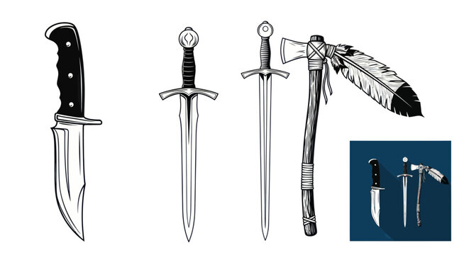 Hunting knife swords and tomahawk axe with feathers