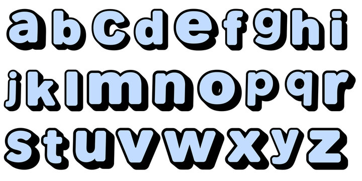 Bubbly blue 3D alphabet font set featuring lowercase letters with black shadows for creative graphic design and fun typography projects