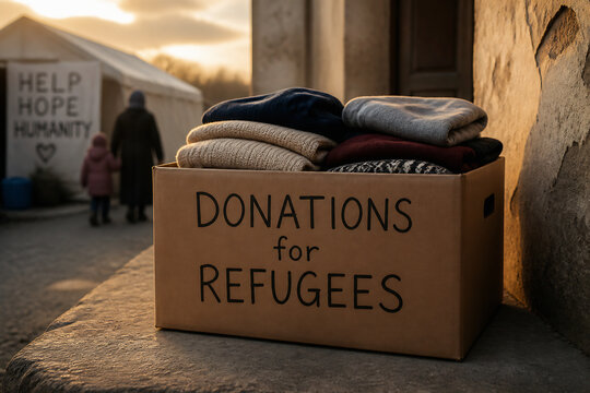 A cardboard box labeled DONATIONS for REFUGEES filled with blankets sits on a stone surface outdoors.