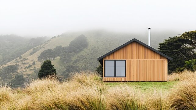 A solitary wooden cabin stands amid windswept golden grasses before distant misty hills