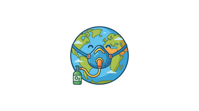 Happy Earth with Oxygen Mask and O3 Tank - Climate Change, Pollution, Health