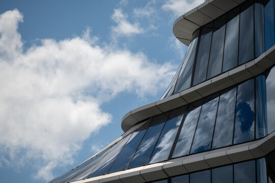 Abstract architectural detail of MOL Campus facade against blue sky in Budapest