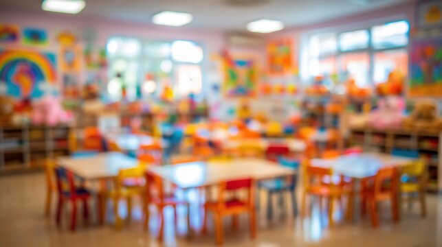Blurry vibrant kindergarten classroom interior with colorful furniture and educational decorations, creating a cheerful atmosphere for young learners