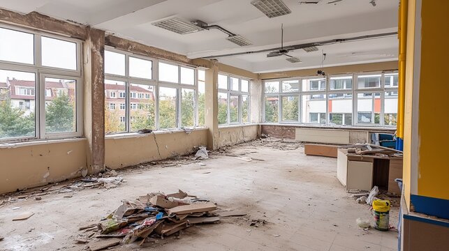 A Stark Abandoned Classroom Interior With Large Windows And Debris Everywhere