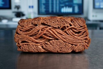 Obraz premium 3D printed steak close-up showing layered fibers of plant based protein