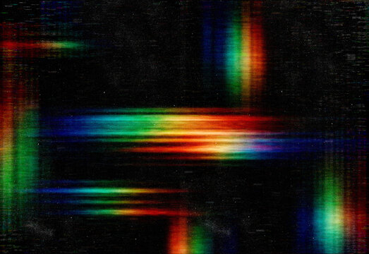 Abstract digital glitch background with neon rainbow light streaks and colorful scanlines