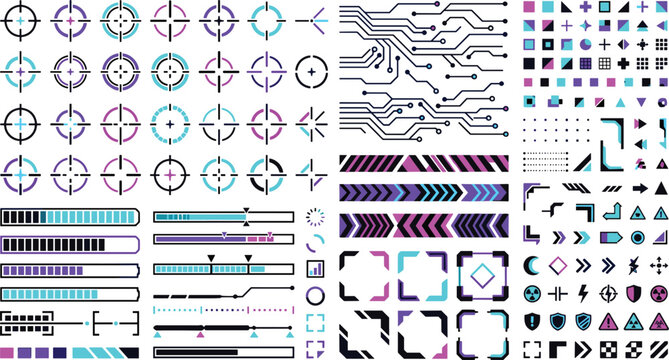 Sci-fi cyberpunk HUD UI vector element set containing crosshairs loading progress bars motherboard circuit patterns cyber frames and neon futuristic technology icons