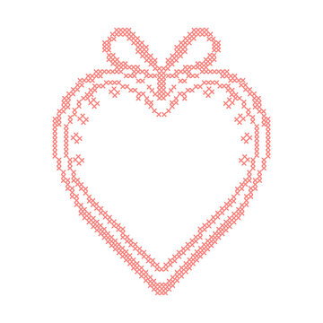 Cross stitch decorative floral heart frame and ribbon bow border isolated on white background. Whimsical pixelated embroidery needlework design set for elegant wedding invitations and decor. Vector.