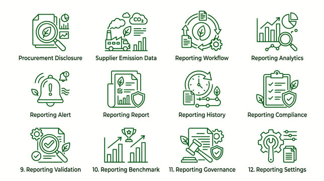 Set of environmental reporting and compliance icons for business sustainability.