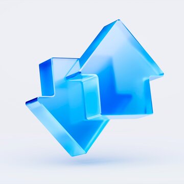 3D arrow icons isolated on white background, concept of exchange and transfer. Transparent Liquid Glass icon. 3D rendering.