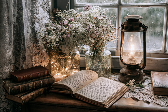 Reading corner with handwritten journal and vintage lamp on table, lace curtains, wildflowers in jars