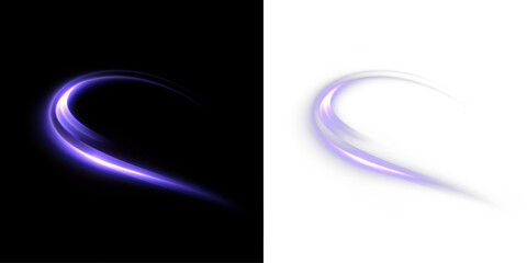 Purple glowing swoosh with smooth light trail and elegant abstract motion effect on dark and light backgrounds. Vector luminous curve, magic energy streak and decorative design element. © Valeriia