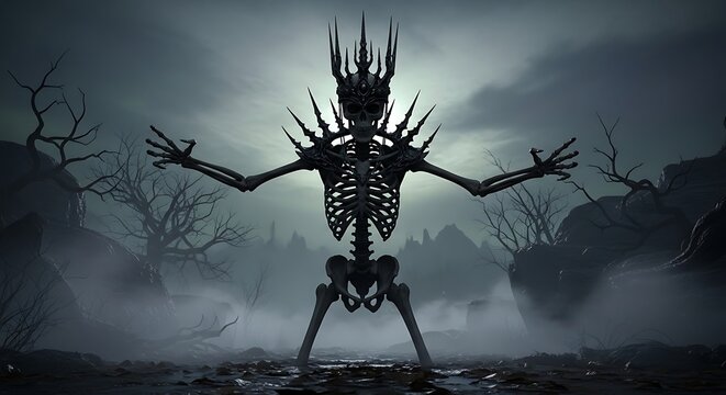 Dark Fantasy Skeleton in Haunted Landscape.