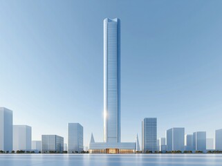 Naklejka premium Modern Sleek Tall Skyscraper Towering Above Cityscape with Reflective Water Below