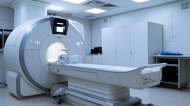 Intricate details of a modern MRI hine under bright light in a clinical setting
