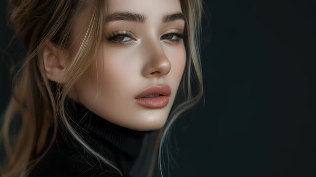 A portrait of a youthful woman with blonde highlights framing her face. She is captured in a studio setting, glancing back over her shoulder. She has a black turtleneck on against a dark background.