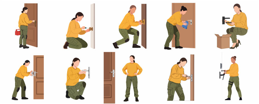 Female locksmith and handyman set fixing door handles and locks, professional woman repairer character collection, home maintenance service vector illustration.