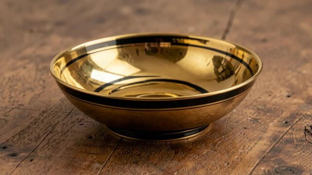 Golden bowl rests on weathered wooden surface. Reflective interior catches ambient light softly. Metallic rim gleams subtly under warm illumination. Natural wood grain adds rustic charm to composition
